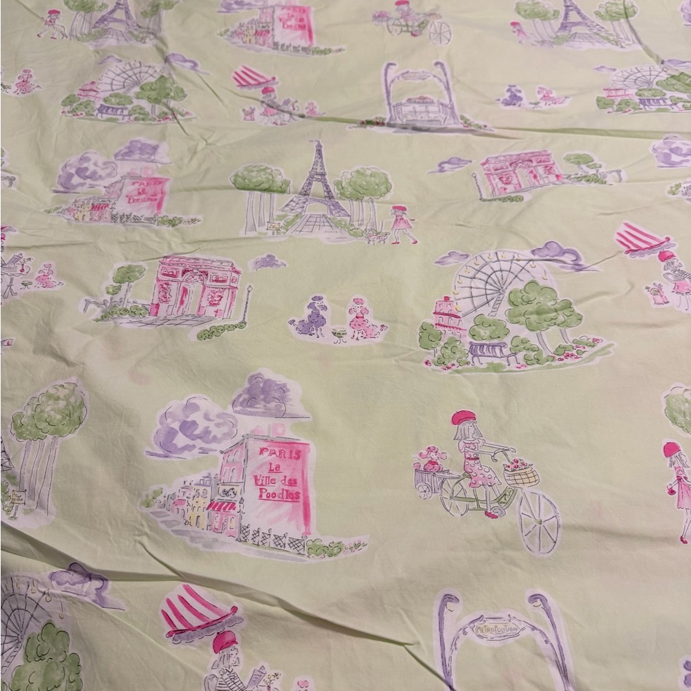Pottery Barn Kids Duvet Cover with Pink and Green Parisian Print - Picture 2 of 5